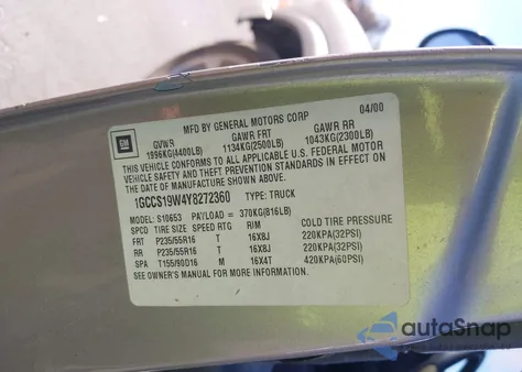 2000 Chevrolet S Truck S10 z USA, uszkodzony, nr VIN 1GCCS19W4Y8272360